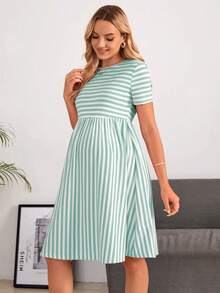 SHEIN Maternity Casual Striped Short Sleeve Dress, Summer - Baby Blue - View 6