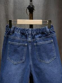 Tween-Jungen Jeans im Used-Look, mittelblau, lässiger Preppy-Style, Sommerurlaubs-Vibe, gerade, locker sitzend, bequemer Denim, geeignet für Schule, Outdoor-Aktivitäten - Blau - Übersicht 6