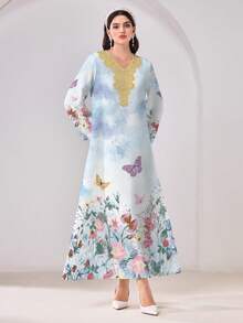 Al Najma 休闲简约蝴蝶花卉印花V领长袖阿拉伯风格连衣裙 - 彩色 - 查看 4