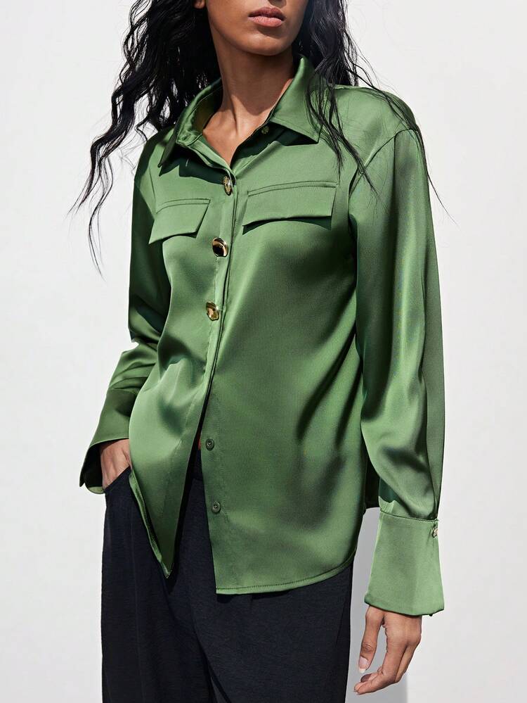 SHEIN Maija Women's Casual Solid Color Long Sleeve Shirt, Lightweight Satin Fabric, Front Metal Button Simple Design, Versatile And Practical, Can Be Worn Alone Or As A Layering Piece, Showcasing A Natural And Comfortable Daily Style