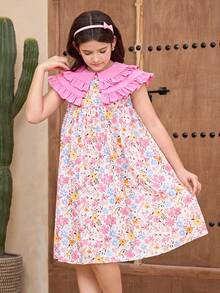 Tween Girl Loose Elegant Floral Pattern Ruffle Collar Sleeveless Dress - Multicolor - View 4
