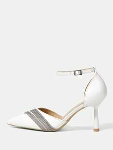 CUCCOO HITCHD 黑色水晶装饰绑带高跟鞋，尖头镂空设计，适合通勤、约会、派对等各种场合，秋季时尚之选。 - 純白色 - 查看 8