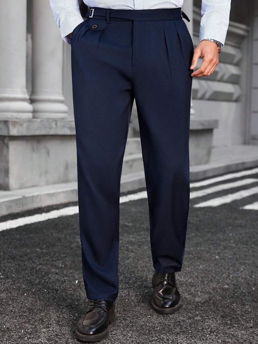 Manfinity Bizformal 男士腰部设计商务休闲修身直筒锥形裤，通勤复古时尚长裤 - 藏蓝色 - 查看 1