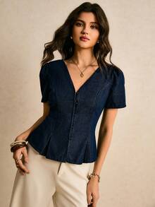 Poéselle Women's Denim Top, Casual V-Neck Short-Sleeved Slim-Fit Denim Shirt, Dark Blue Denim Shirt Summer Spring Outfit Women Valentines  Party Top Going Out Top Casual Blouses For Women 2k Women - Dark Wash - View 7