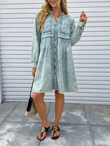 EMERY ROSE Mature Denim Vestido vaquero casual de mujer con cuello de muesca y botones frontales - Azul - Ver 4