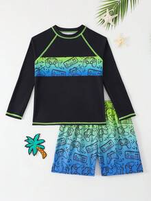 SHEIN 男童两件套泳装 - 电子游戏印花泳裤和短裤，适合夏季海滩穿着 - 黑色 - 查看 3