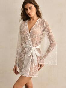 Charlaine Women's Sexy Sheer Lace Bell Sleeve Robe - White - View 5