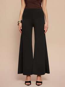 Leighera بنطلون أسود عريض الساق أنيق ذو خصر مرتفع وخصر مطاطي عصري - الأسود - مشاهدة 3