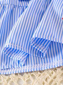 2pcs Baby Girls' Blue & White Striped Sleeveless Top With Embroidered Strawberry And Straight Leg Pants Set, Summer Children Countryside Cute Vacation Outfit - Blue - View 7