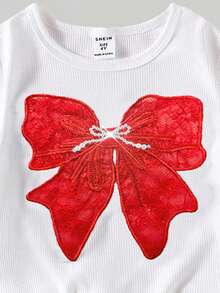 SHEIN ChillGRL Bộ 2 món cho bé gái gồm áo thun ngắn tay màu trắng và quần cargo màu xanh dương đính sequin và nơ, trang phục mùa hè thời trang. - Đỏ - Xem 3