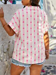 SHEIN LUNE 加大码前扣爱心休闲宽松蝙蝠袖衬衫，情人节 - 粉色 - 查看 2