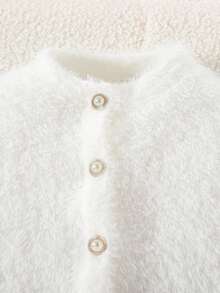 Elladie kids Young Girls Fashionable, Sweet And Cute Fluffy Long Sleeve Top Jacket With Pocket Decorated Skirt, Casual Minimalist White Jacket Set - White - View 4