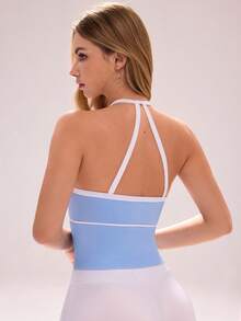 Sovereign Charm Summer Casual Contrast Trim Halter Neck Activewear Top - Baby Blue - View 2