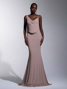 Elitara 优雅浪漫时尚浅粉色弹力网纱褶皱装饰高弹鱼尾下摆优雅派对礼服、婚礼宾客礼服、粉色连衣裙、时尚优雅伴娘礼服 - 淺粉色 - 查看 5