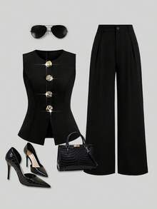SHEIN PETITE CURVE Elegant Black Woven Fabric Round Neck Camisole And Wide Leg Pants Co-Ord Set For Women - Black - View 1