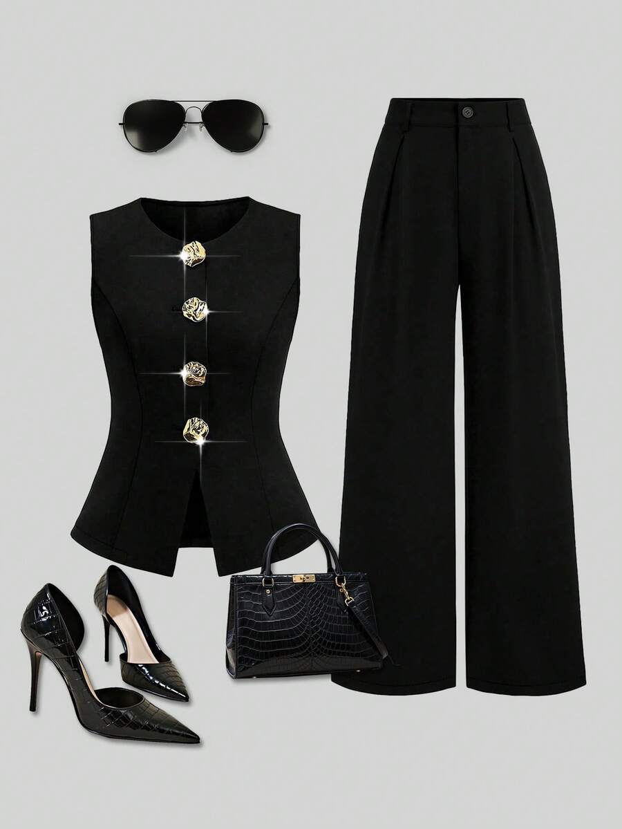SHEIN PETITE CURVE Elegant Black Woven Fabric Round Neck Camisole And Wide Leg Pants Co-Ord Set For Women - Black - View 1