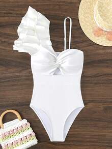 SHEIN Swim 前扭結荷葉邊連體泳衣 - 白色 - 查看 3