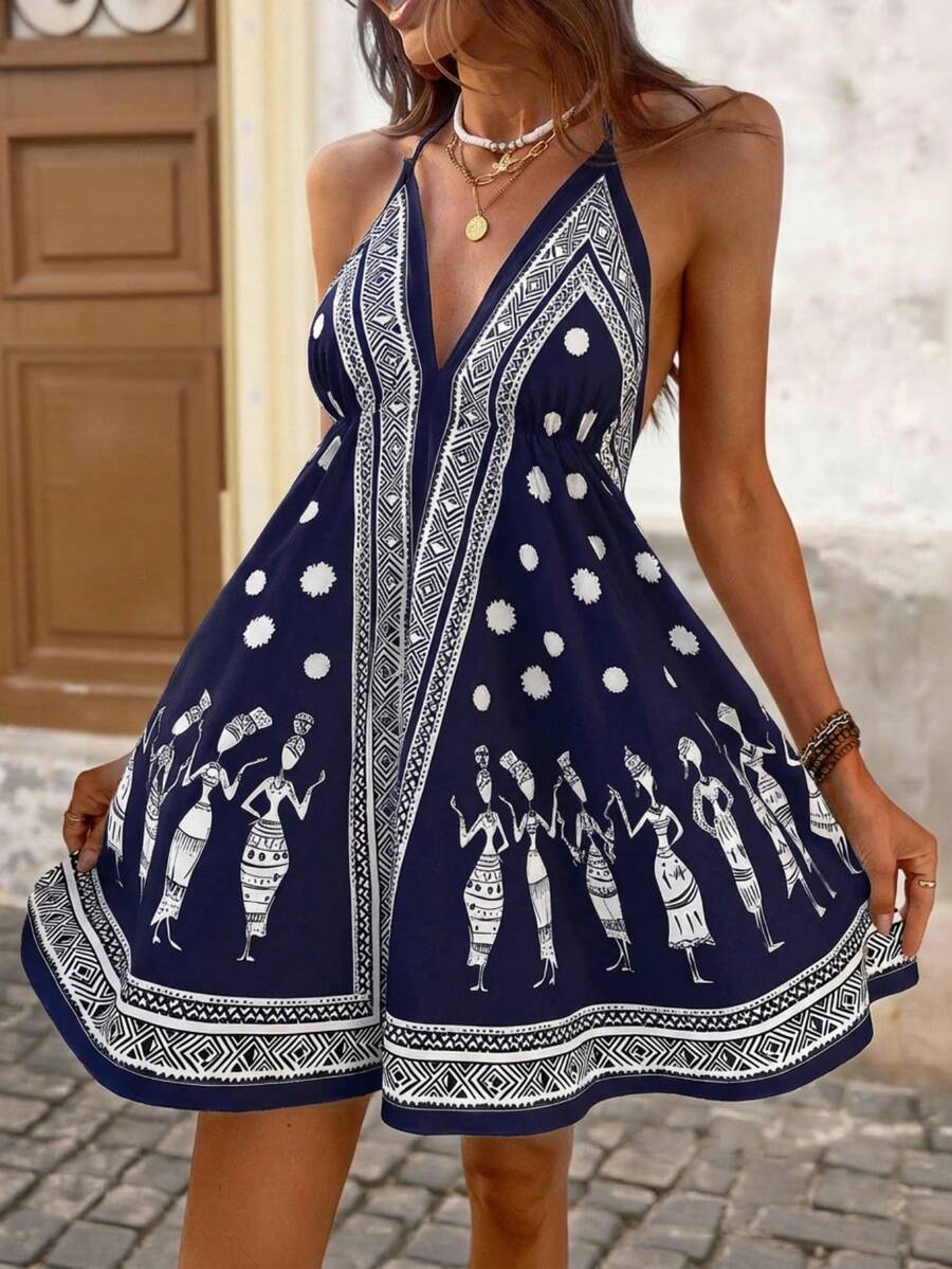 Brillora Women's Sleeveless Backless Printed Mini Dress, Vacation Style, Spring/Summer,Summer Dress,Summer Dresses For Women,Summer Outfits,Spring Outfit Women,Spring Break Outfits,Spring Dress Women,Valentine Outfits For Women,Carnival Women Look 2026,Beach Dress,Elegant Party Dresses For Women,Vacation Dress - Navy Blue - View 1