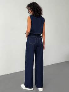 SHEIN 100%Cotton Women's Raw Wash Top & Pants Two Pieces Outfit - Dark Wash - View 2