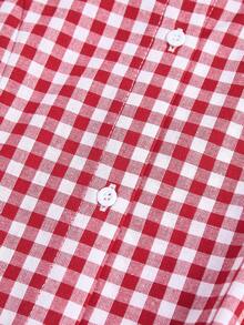 SHEIN 少女休闲度假优雅通勤上学修身翻领无袖褶皱编织蓝白条纹收腰A字纽扣衬衫 - 紅色 - 查看 3