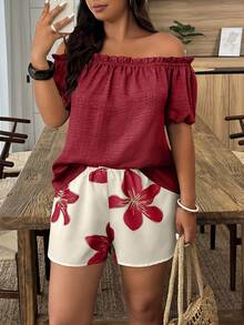 Weeklong Plus Size Casual Vacation Style Solid Color Off-Shoulder Top & Floral Print Shorts 2-Piece Set - Multicolor - View 1