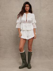 WESTFADE Lace Trim Crepe Puff Sleeve Ruffle V Neck Button Front Tie Bed Jacket Top - White - View 4