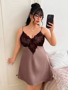 SHEIN EZwear Áo ngủ hai dây gợi cảm phối ren, eo khoét sâu, dành cho nữ cỡ lớn - Bụi hồng - Xem 4