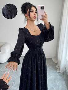 Modelyn 法式系带腰身灯笼袖中长连衣裙（女款） - 黑色 - 查看 3