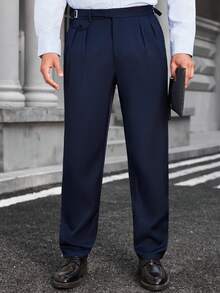 Manfinity Bizformal 男士腰部设计商务休闲修身直筒锥形裤，通勤复古时尚长裤 - 藏蓝色 - 查看 3