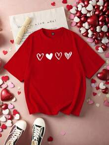 Manfinity Hypemode Men's Casual Heart Print Round Neck Short Sleeve T-Shirt, Summer Couple Twinning Outfits Couple Shirt Matching Red Graphic Tees Couple Clothes Set Red Heart Shirts - Red - View 2