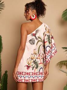 Travachic Women's Tropical Plant Print Fashionable Mini Halter Dress, Suitable For Vacation - Multicolor - View 2