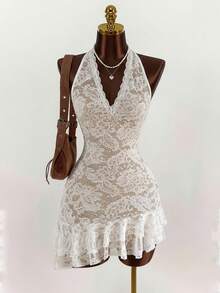 Attitoon 女士迷你连衣裙，吊带，褶皱，短款，不对称双层下摆，性感白色蕾丝面料，休闲，时尚，复古，优雅，百搭，适合春秋季穿着，舒适 - 白色 - 查看 2