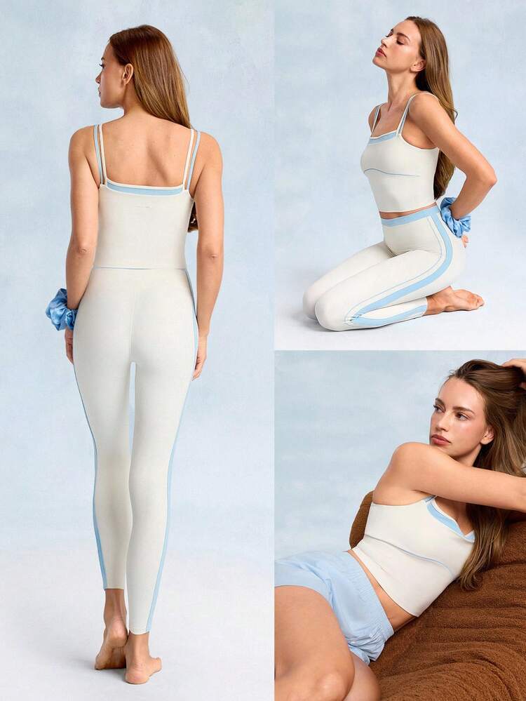 FeatherFit™ Soft Start Buttery-Soft Contrasting Seams 2-Piece Spaghetti-Strap Tank Top Low Impact Yoga Pilates Studio Daily Casual Wear Removable Cups