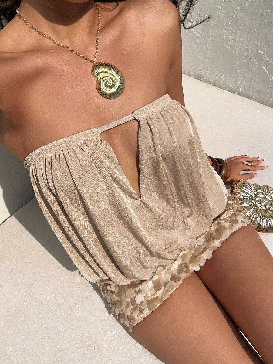 Aloruh Women's Khaki Elegant Sexy Fashionable Casual Romantic Date Graduation Prom Artistic Mesh Draped Bandeau Top, Spring/Summer