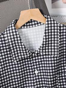 Mirajuku Teens (Boys) Casual Korean Style Loose Plaid Short Sleeve Shirt, Spring/Summer - Black and White - View 3