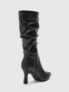 CUCCOO BIZCHIC 女士尖头褶皱优雅高跟过膝长靴，适合日常通勤 - 黑色 - 查看 9