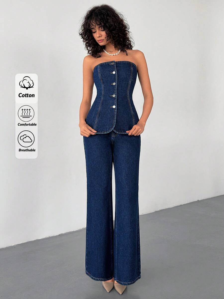 EURMUSE Women's Single-Breasted Denim Bustier Top And Denim Flare Pants Fashion Set - Medium Wash - View 1