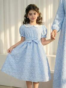 Đầm ngắn tay phồng màu xanh dương có họa tiết, cổ Peter Pan, thích hợp cho bé gái dự tiệc. - Màu xanh lam - Xem 5