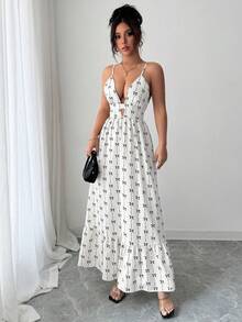 Rafferiza Women's Butterfly & Ditsy Floral V-Neck Backless Sleeveless Maxi Dress, Sexy & Vacation Style, Spring/Summer - White - View 5