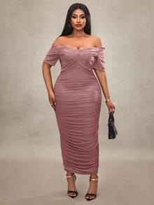 Truni 大码女式夏季优雅弹力网眼单肩褶皱中长连衣裙，女士生日礼服