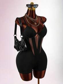 Amplova Neujahr & Valentinstag schwarzer transparenter sexy tief ausgeschnittener gepolsterter Büsten-Bodysuit-Shorts - Schwarz - Übersicht 4