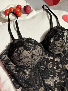 Comfortcana 大码性感蕾丝透视吊带背心，适合派对和情人节穿着，春夏款 - 黑色 - 查看 5