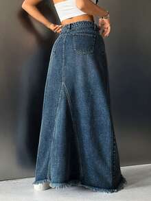 SHEIN ICON Gonna di jeans casual alla moda, stile urban chic, adatta per uso quotidiano, con orlo sfrangiato e lunghezza extra lunga - Blu lavato scuro - Visualizzare 2