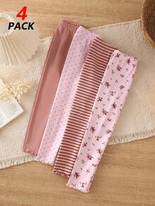 SHEIN Young Girls Leggings-Pack Of Four Floral Polka Dot Striped Solid Pink Mauve Ruffle Hem Elastic Waist Pull On Leggings Only No Top Included All Season Holiday 2026 Essentials Everyday Cozy Casual Playdate Sleepwear - Pink - View 7
