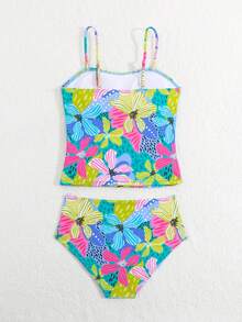 SHEIN 2pcs/Set Tween GirlsTropical Floral Elastic Quick Dry Comfortable Knit Fabric Tween Girl) Camisole Bikini Top, Suitable For Beach, Pool, Seaside, Surfing, Vacation, Summer, Travel Tween Girls Printed Swimwear 2 Pieces Bathing Suit For Girls Tankini Tween Girl Swimwear Two Pieces Summer Two Pieces Set Teens Swim Suit Girls Tropical Set Girls One Piece Summer Outfit Multicolor Swimwear Bathing Suit Full Piece Kids Tween Girl Marble Print One Piece - Multicolor - View 3