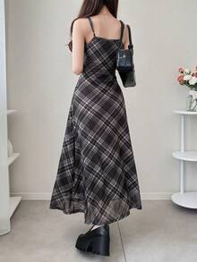 FRIFUL 网眼格纹吊带背心，腰部喇叭下摆，休闲百搭连衣裙 - 黑色 - 查看 7