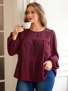 Rosumi 大码女式休闲宽松灯笼袖荷叶边下摆衬衫 - 酒紅色 - 查看 4