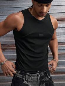 AXEPEAK Men's Letter Graphic Crew Neck Casual Versatile Tank Top - Black - View 4