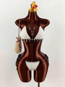 Amplova 两件套女士针织套装，黑白撞色，性感沙滩贝壳装饰，适合海滩度假 - 黑與白 - 查看 11