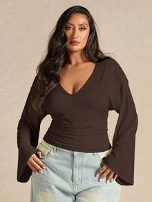 SHEIN BAE Plus Size Women's Apricot V-Neck Bell Sleeve Knit Top - Coffee Brown - View 6